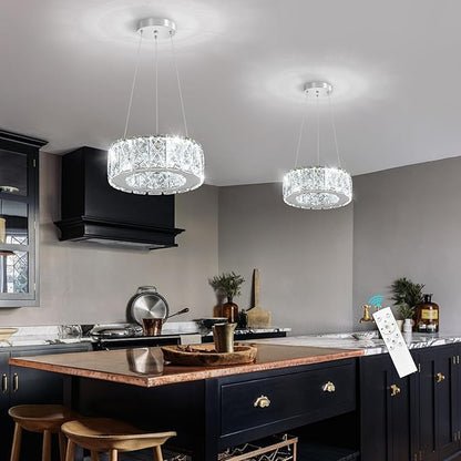 Modern Crystal Chandelier 8W Dimmable LED Crystal Pendant Light Fixtures Height Adjustable Round Chandeliers for Dining Room Hallway Bedroom Silver
