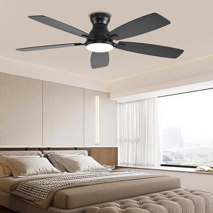 NKPU Ceiling Fans with Lights, Low Profile Ceiling Fan with Light and Remote/APP Control, DC Motor, Noiseless, Flush Mount, 52inch Black Ceiling Fan for Bedroom Indoor/Outdoor Use