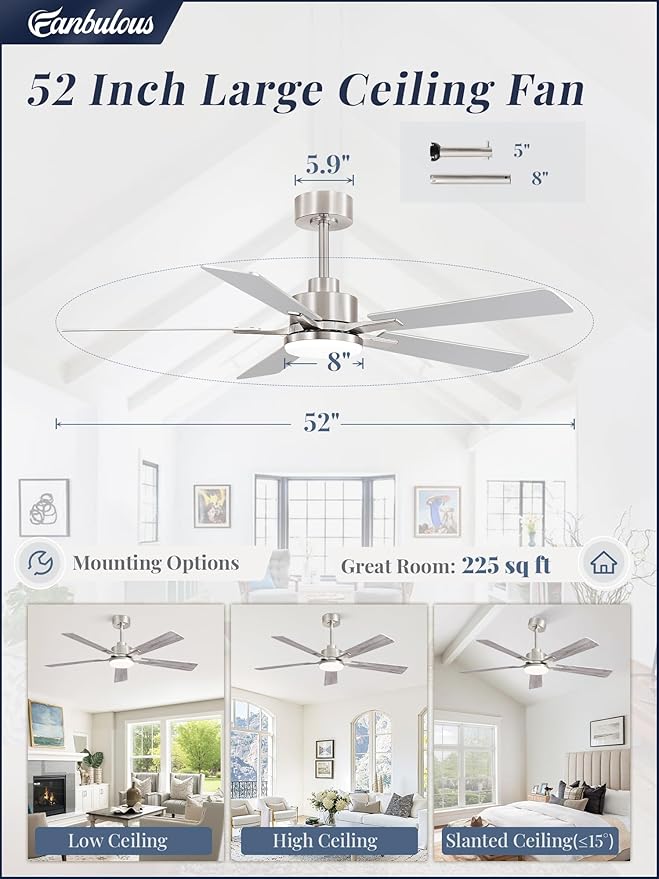 52 Inch Ceiling Fan with Light and Remote, 6 Speeds Reversible DC Motor Ceiling Fans for Bedroom Living Room Patio, 3CCT Dimmable LED, 5 Wood Blades, Downrod Mount, Sloped Ceiling Compatible