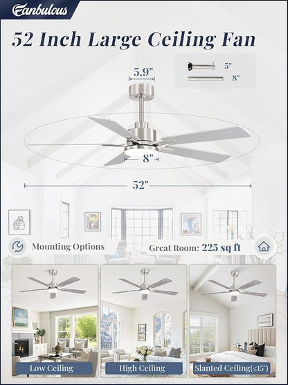 52 Inch Ceiling Fan with Light and Remote, 6 Speeds Reversible DC Motor Ceiling Fans for Bedroom Living Room Patio, 3CCT Dimmable LED, 5 Wood Blades, Downrod Mount, Sloped Ceiling Compatible