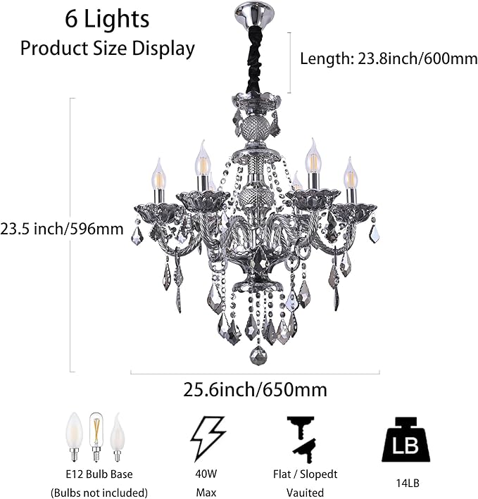6-Light Modern Crystal Chandelier Lighting Smoky Gray Luxury Ceiling Light Fixture Hanging Crystal Chandelier for Dining Room Living Room Bedroom
