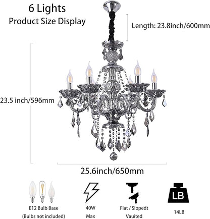 6-Light Modern Crystal Chandelier Lighting Smoky Gray Luxury Ceiling Light Fixture Hanging Crystal Chandelier for Dining Room Living Room Bedroom
