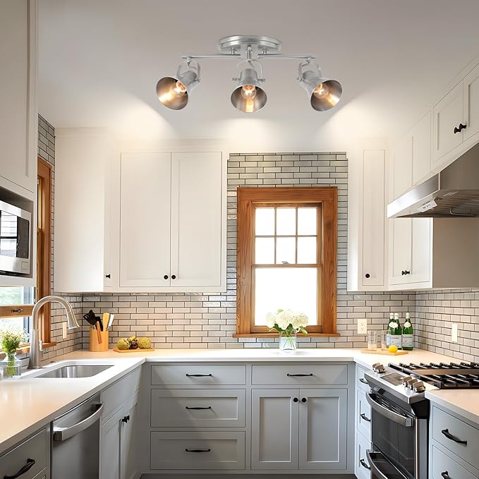 Nickel 3-Light Track Lighting Kit, Directional Ceiling Light Fixtures, Industrial Kitchen Lighting for Island, Over Table, Hallway，Laundry Room