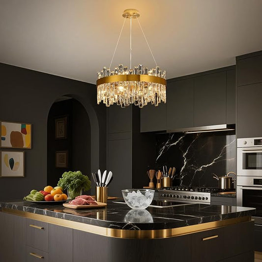 Crystal Chandeliers for Dining Room Lights Fixtures, 12 Lights Luxury Gold Modern Chandeliers for Bedroom, 2-Tier Round Crystal Lighting Fixtures for Living Room Entryway Kitchen Island D20 Inch