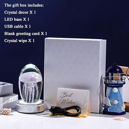 Handmade Jellyfish Lamp – Crystal Glass Figurine Colorful LED Night Light, Ocean-Themed Desk Decor, Aquarium & Beach Room Decor – Gifts for Women Nature Lovers (Purple)