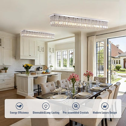 Modern Crystal Chandelier,13-Light Chandelier for Dining Room,K9 Crystal Rectangle Chandeliers,59-inch Adjustable Hanging Pendant Light Fixture Kitchen Island Bar Bedroom