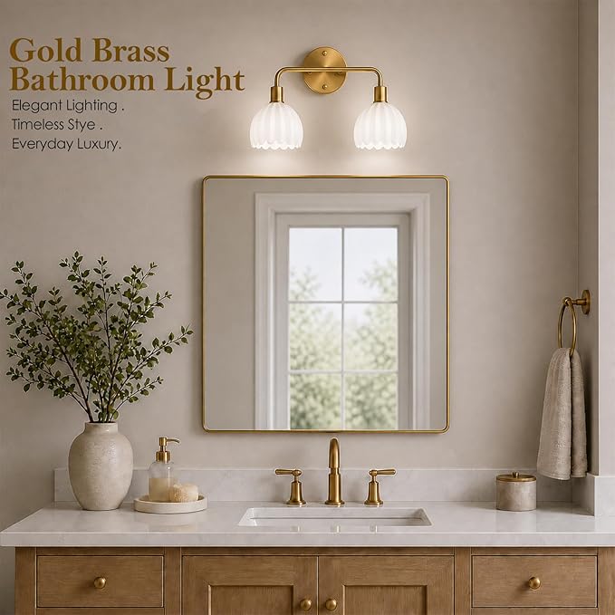 2-Light Gold Brass Bathroom Light Fixture,Wall Sconces,Brushed Gold Vanlity Light Over Mirror,Bathroom Vanity Light with White Glass Flower Shade,E26 Socket(Bulbs Not Included)