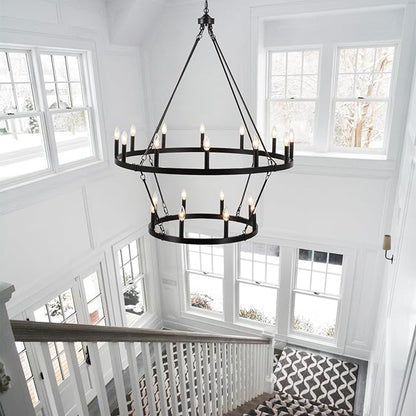 Black Wagon Wheel Chandelier 2 Tier 20-Lights 40 Inch Extra Large Farmhouse Light Fixture Rustic Lighting Round Chandeliers for Dining Room Kitchen Island Foyer Entryway