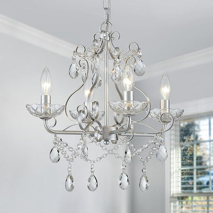WUZUPS Crystal Candle Chandelier Pendant Flushmount Ceiling Light Modern Lighting Fixture for Bedroom Hallway Bar Kitchen Bathroom, H 14" x W 16", Silver, E12 Base