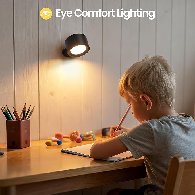 Wall Mounted Lamp LED Wall Lights with Rechargeable Battery Operated, 3 Color Temperatures & 3 Brightness Levels 360°Rotate Magnetic Ball, Cordless Sconces for Reading Bedroom Bedside,Black-1 Pack