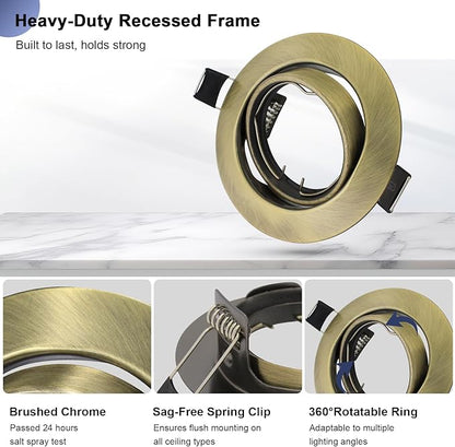 6 Pack Recessed Ceiling Downlight Fitting, Metal Downlight Frame for MR16 GU5.3 Bulbs, Adjustable Holder Applies to Artwork Cabinet, Antique Brass