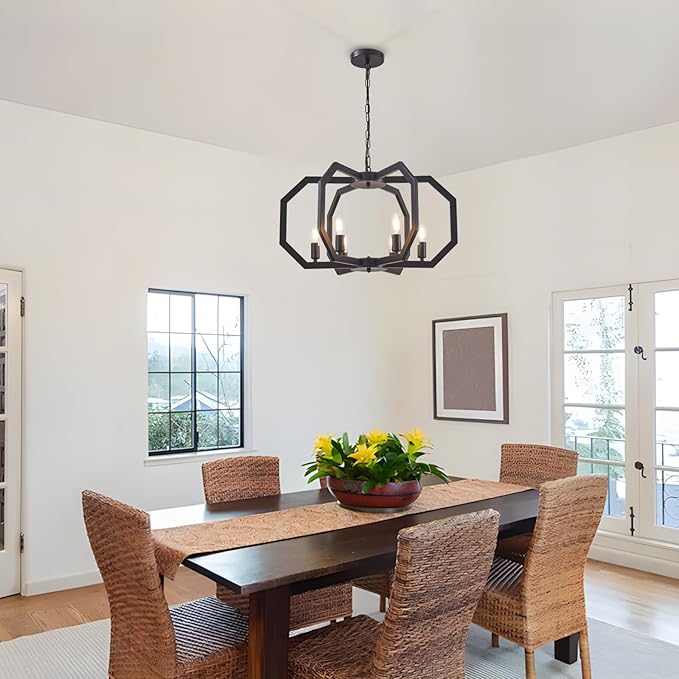 Lanhall 6 Light Farmhouse Chandelier Black Dining Room Light Fixture Modern Rustic Geometric Hanging Pendant Light for Living Room, kitchen Island, Foyer, Entryway, Hallway, Stairway Adjustable Height