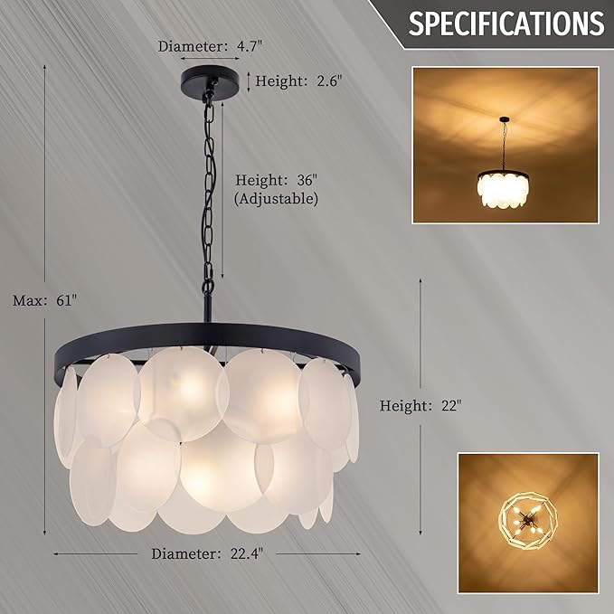 Wellmet Modern Glass Chandelier 22", Black Farmhouse Chandeliers for Dining Rooms, Round Light Fixture with White Frosted Glass Shade for Kitchen Island, Living Room, Bedroom, Hallway