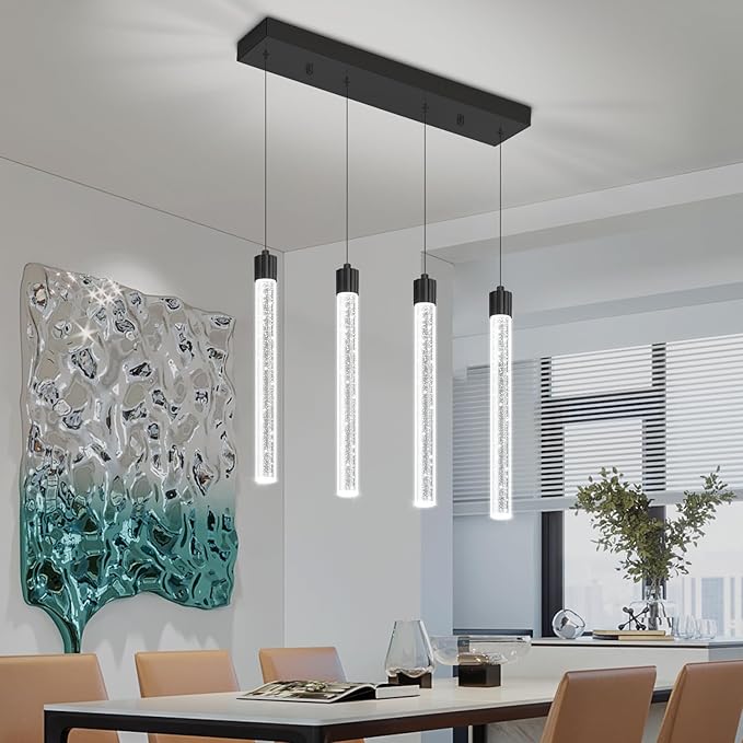 4-Lights Black Modern Crystal Column Chandeliers for Dining Room Dimmable LED Adjustable Height Hanging Pendant Light for Kitchen Island,Bedroom,Over Table,Living Room