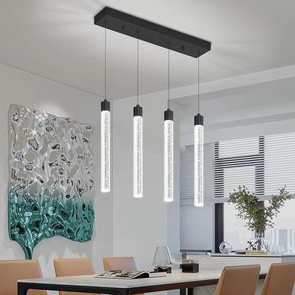 4-Lights Black Modern Crystal Column Chandeliers for Dining Room Dimmable LED Adjustable Height Hanging Pendant Light for Kitchen Island,Bedroom,Over Table,Living Room
