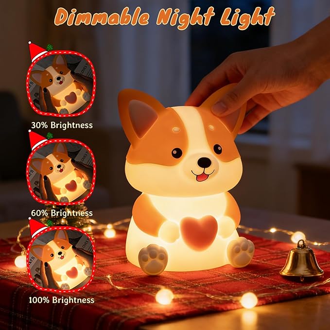 LED Dog Night Light for Kids, Cute Puppy Night Light with 3 Brightness Levels, Touch Dimmable Bedside Lamp with Timer, Squishy Rechargeable Silicone Animal Lamp for Boys Girls Nursery Room Decor (Dog)