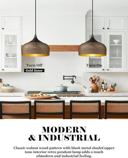 ELYONA Modern Pendant Light Walnut Wooden Pattern Dome Pendant Light Fixture Matte Black Metal Gold Inner Finish Adjustable Hanging Lighting for Kitchen Island Dining Room Office Hallway Foyer Bedroom