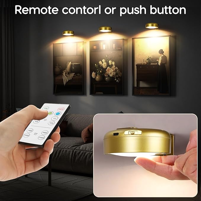 6Pack-Recharge Battery Wall Picture Light with Remote for Painting Gallery Photo Frame Dartboard Portrait Poster,Dimmable Art Display LED Light Indoor Magnetic Mount,3 Lighting & Timer auot-OFF
