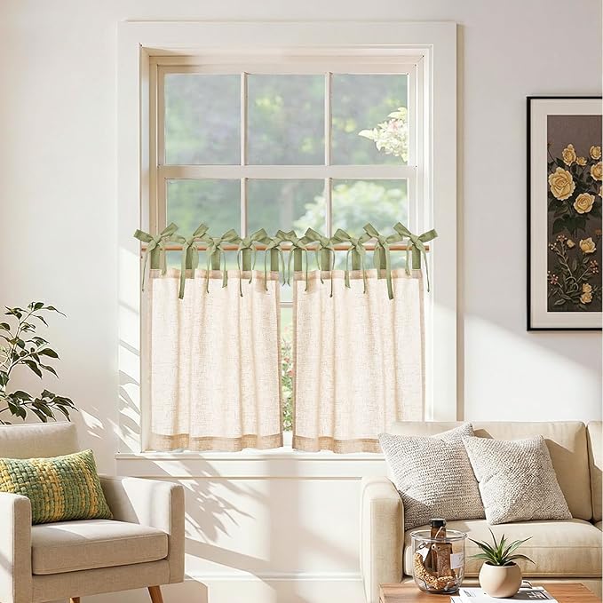 jinchan Linen Tie Top Curtains 24 Inch Length Farmhouse Cafe Curtains Set of 2 for Bedroom Bathroom Rustic Small Windows Light Filtering Crude Panels with Sage Green Ties