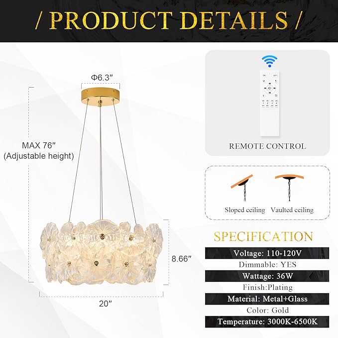 Modern Gold Glass LED Chandelier 20" Elegant Lotus Leaf Dimmable Ceiling Chandeliers with Remote Control Luxury for Foyer Entryway Living Dining Room(3000K-6500K)