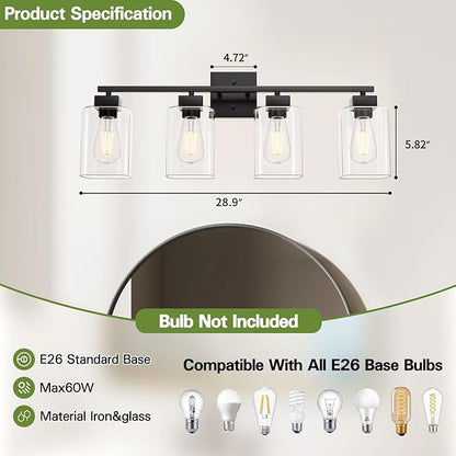 4 Light Bathroom Vanity Light - Matte Black Bathroom Light Fixtures Square Design & UL Certification, Square Light Fixture Over Mirror, Farmhouse Light Fixtures for Bathroom & Bedroom