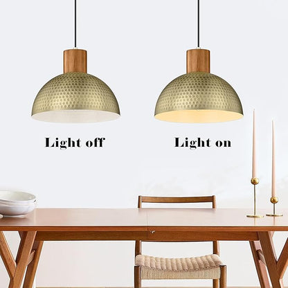 ELYONA 2 Pack Hammered Pendant Lights 12” Vintage Metal & Wood Dome Hanging Lamp Antique Gold Industrial Kitchen Pendant Light Fixtures for Island, Farmhouse, Dining Room, Sink, Hallway, Brushed Brass