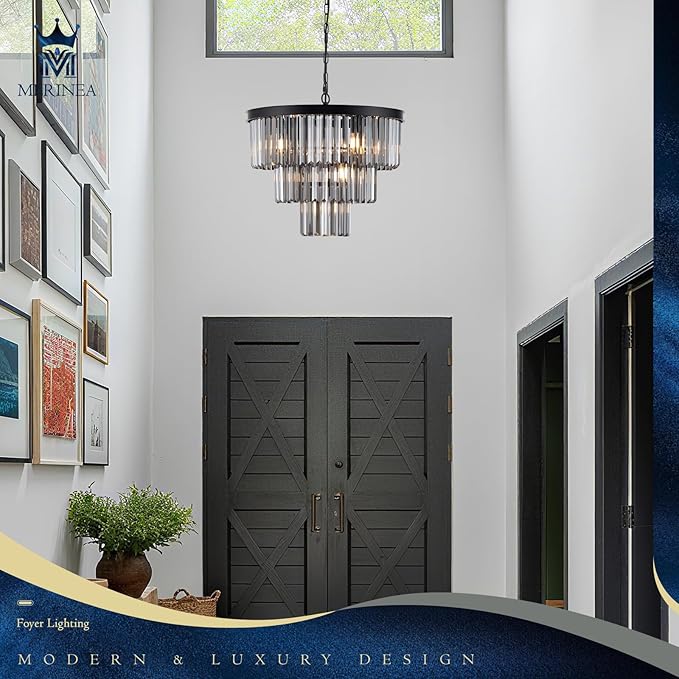 Smoke Gray Crystal Chandeliers Black Round 20" Chandelier Modern 3 Tiers 7-Light Ceiling Pendant Light Fixture Luxury K9 Crystal Lighting for Dining Room Bedroom Kitchen Foyer