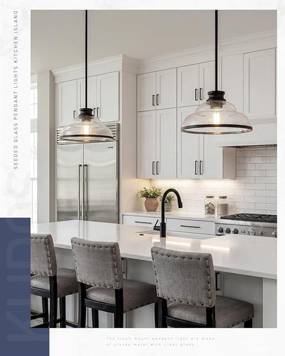 kudos 2 Pack Pendant Lights Kitchen Island, 11" Black Pendant Lights with Seeded Glass Shade, Farmhouse Large Hanging Light Fixture for Kitchen Sink Dining Room Hallways, KDPL14-BK-2PK