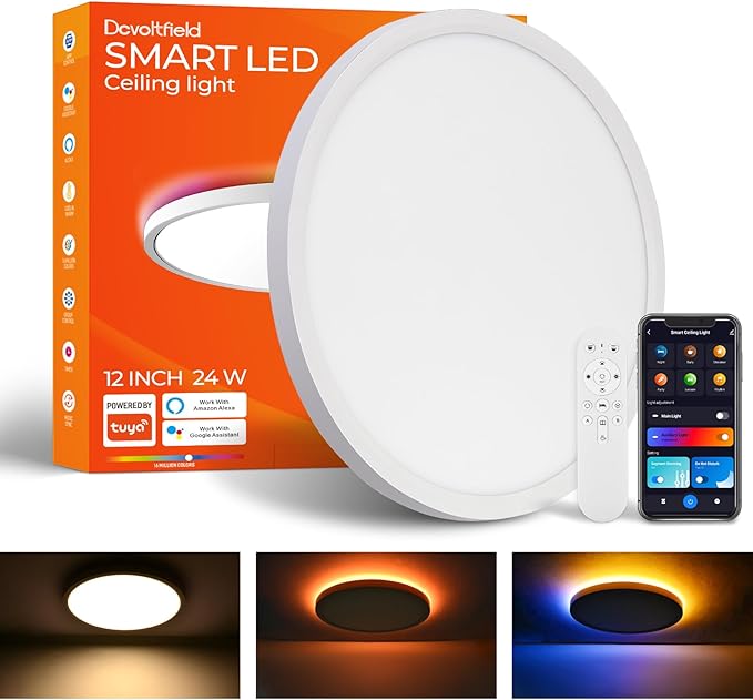 1 Pack Smart RGB Ceiling Light with Remote, 24W 2640LM, 12 Inch LED Flush Mount Ceiling Light Works with Alexa Google Home, Dimmable&2700K-6500K, Low Profile Wired Light for Bedroom Kitchen