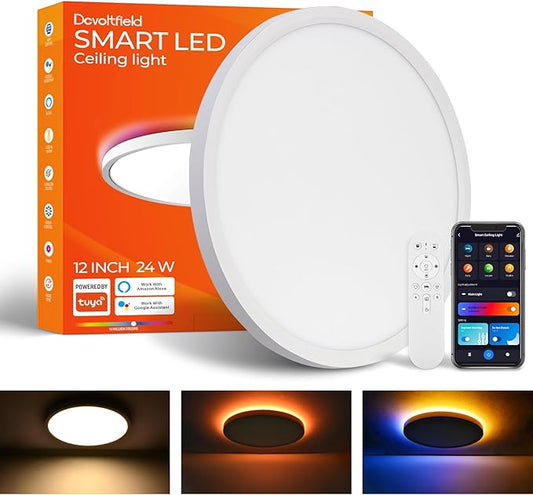 1 Pack Smart RGB Ceiling Light with Remote, 24W 2640LM, 12 Inch LED Flush Mount Ceiling Light Works with Alexa Google Home, Dimmable&2700K-6500K, Low Profile Wired Light for Bedroom Kitchen