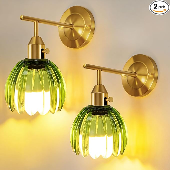 Vintage Wall Sconces Set of 2 with Green Tulip Glass Lampshade, Hardwired and Wireless Wall Mounted Light Fixtures (2 Usage Methods), Gold Lamp with Switch for Bedside Bedroom Living Room Wall Decor
