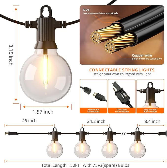 Kawaya String Lights for Outside,150FT LED Outdoor String Lights Waterproof Patio Lights with 72+3 Shatterproof Edison Globe Bulbs, Connectable Hanging Lights for Balcony Bistro Backyard Porch
