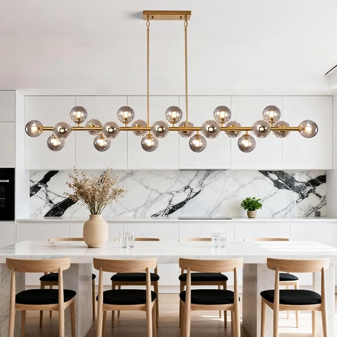 Brass Gold Rectangle Chandelier Modern Chandelier Smoke Grey Globe Glass Pendant Light Fixture Adjustable for Dining Living Room Kitchen Island Over Table 22-Light 70''
