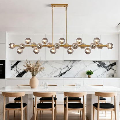 Brass Gold Rectangle Chandelier Modern Chandelier Smoke Grey Globe Glass Pendant Light Fixture Adjustable for Dining Living Room Kitchen Island Over Table 22-Light 70''