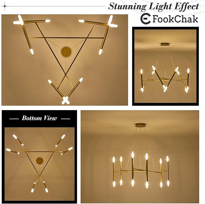 Gold Chandelier Light Fixture, 12-Light Brassy Gold Chandelier for Dining Room 35" Geometric Hanging Chandeliers Mid-Century Light Fixture for Entry Kitchen Bedroom, G9
