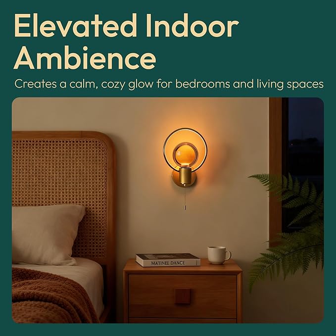 ALAMPEVER Modern Wall Sconce with Pull Chain, Metal Gold Wall Lights with G125 Glass Globe Bulb, Wall Mount Light for Enhancing Indoor Ambience in Bedroom, Living Room, and Hallway, 1 Pack