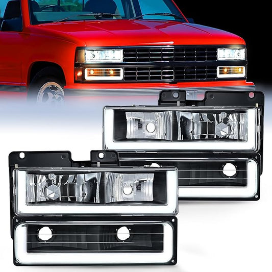 Nilight DRL Headlight Assembly Compatible with 1988 1989 1990 1991 1992 1993 1994 1995 1996 1997 1998 Chevrolet GMC C10 C/K 1988-1999 Silverado Suburban Sierra Blazer Tahoe Yukon Black Housing