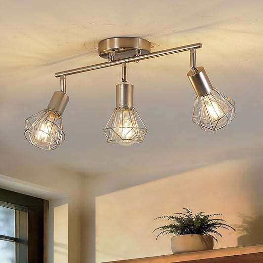 Brushed Nickel Track Lighting 3 Light Semi Flush Mount Ceiling Light Fixture Adjustable Flexibly Rotatable Farmhouse Dining Room Kitchen Light Fixtures with Metal Cage