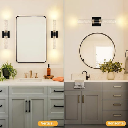 Black Modern LED Wall Sconces Set of Two 3000K-6000K Crystal Bathroom Sconce Lights 12W LED Vanity Light Bar Wall Lights for Bedroom Living Room, 18 Inch, 3 Color Temperature Adjust
