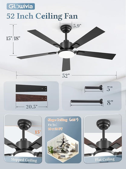 2 Pack 52 Inch Ceiling Fans with Lights and Remote&APP Control, Black Smart Ceiling Fan with 3000-6000K Dimmable, 6 Speeds Reversible, Indoor/Outdoor Ceiling Fan for Bedroom Living Room