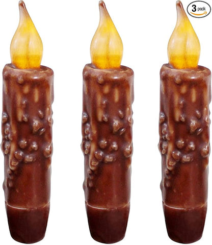 CVHOMEDECO. Real Wax Hand Dipped Battery Operated LED Timer Taper Candles Country Primitive Flameless Lights Décor, 4-3/4 Inch, Coffee, 3 PCS in a Package