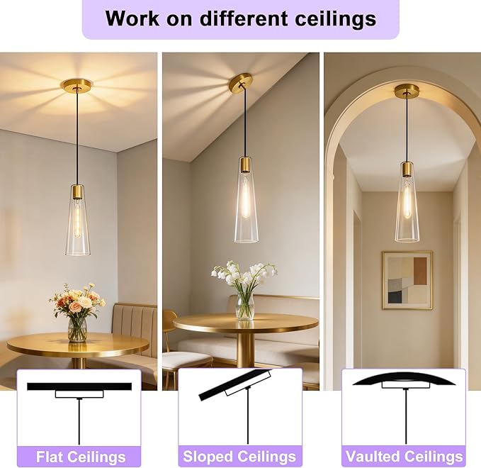 Modern Glass Pendant Lights Kitchen Island, Dimmable Gold Pendant Light Fixtures 1 Pack, Adjustable Farmhouse Hanging Light Fixture with Clear Glass Shades for Hallway Dining Room
