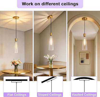 Modern Glass Pendant Lights Kitchen Island, Dimmable Gold Pendant Light Fixtures 1 Pack, Adjustable Farmhouse Hanging Light Fixture with Clear Glass Shades for Hallway Dining Room