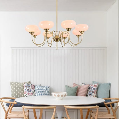 BOKT Gold Mid Century Chandelier Over Table 8-Light Pink Flush Mount Ceiling Light Fixture Kitchen Adjustable Height Ceiling Hanging Light Pink Globe Glass Chandelier for Dining Room Bedroom