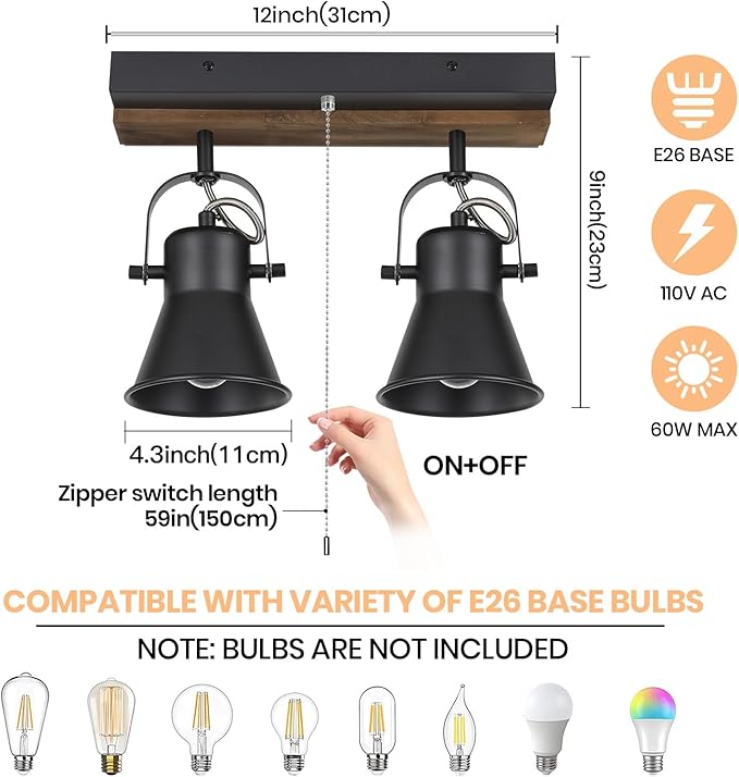2 Light Kitchen Lighting fixtures Ceiling,Adjustable Ceiling Light with Pull Chain,Farmhouse Track Lighting fixtures Ceiling for Dining Room, Hallway,Bathroom.