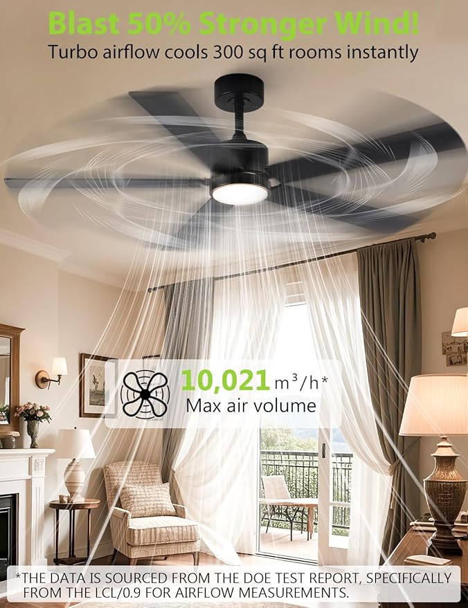 Black Ceiling Fans with Lights, 52 Inch Modern Ceiling Fan with Remote Outdoor Ceiling Fan for Bedroom, Living Room,High CFM Ceiling Fans with 3CCT LED Lights Kit, Quiet DC Motor, Timer