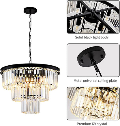 Modern Crystal Chandelier 20'' Black Chandeliers for Dining Room Contemporary Pendant Light Fixture Round 3-Tier K9 Crystal Chandelier Adjustable Height for Living Room, Foyer, Entryway, Bedroom