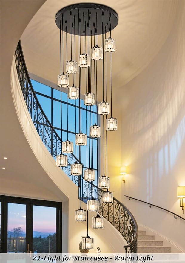 Long Chandeliers for High Ceilings,Modern Crystal Pendant Light,Raindrop Drop Lamp,Hanging Flush Mount Lighting Fixtures for Spiral Staircase,Foyer,Entryway,Living Room,Black (21 Lights)