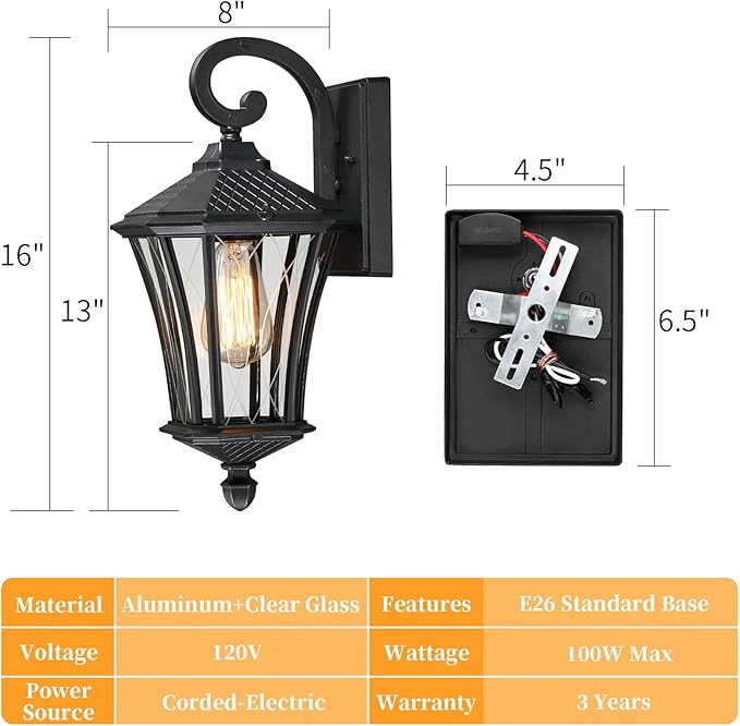 YSN 16'' Outdoor Wall Lights 2 Packs, Black Exterior Lighting Fixture Outdoor Sconce Lights, Waterproof Outside Lights for House with E26 Socket, Outdoor Lanterns for Porch, Garage, Farmhouse