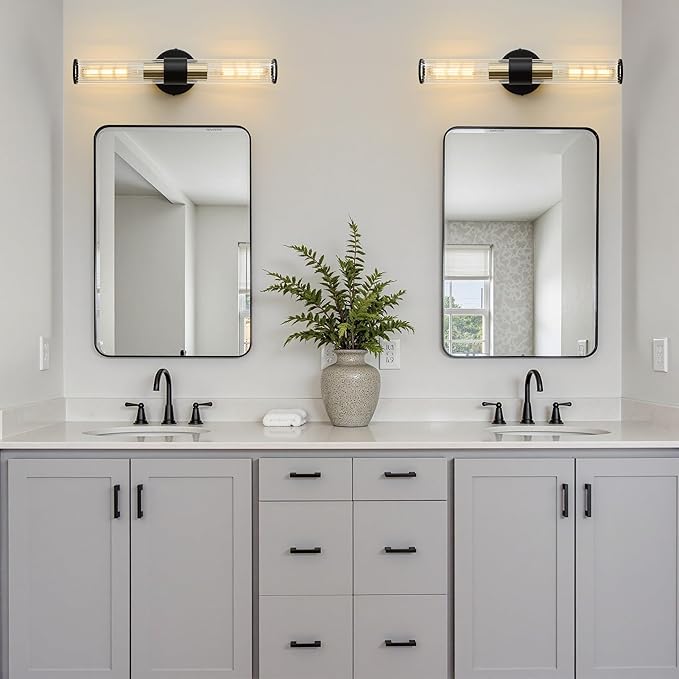 Bathroom Light Fixtures, Black Gold Wall Sconce in Threaded Glass Vanity Light, Modern Bathroom Wall Light for Bedroom, Living Room - Bulb Not Included